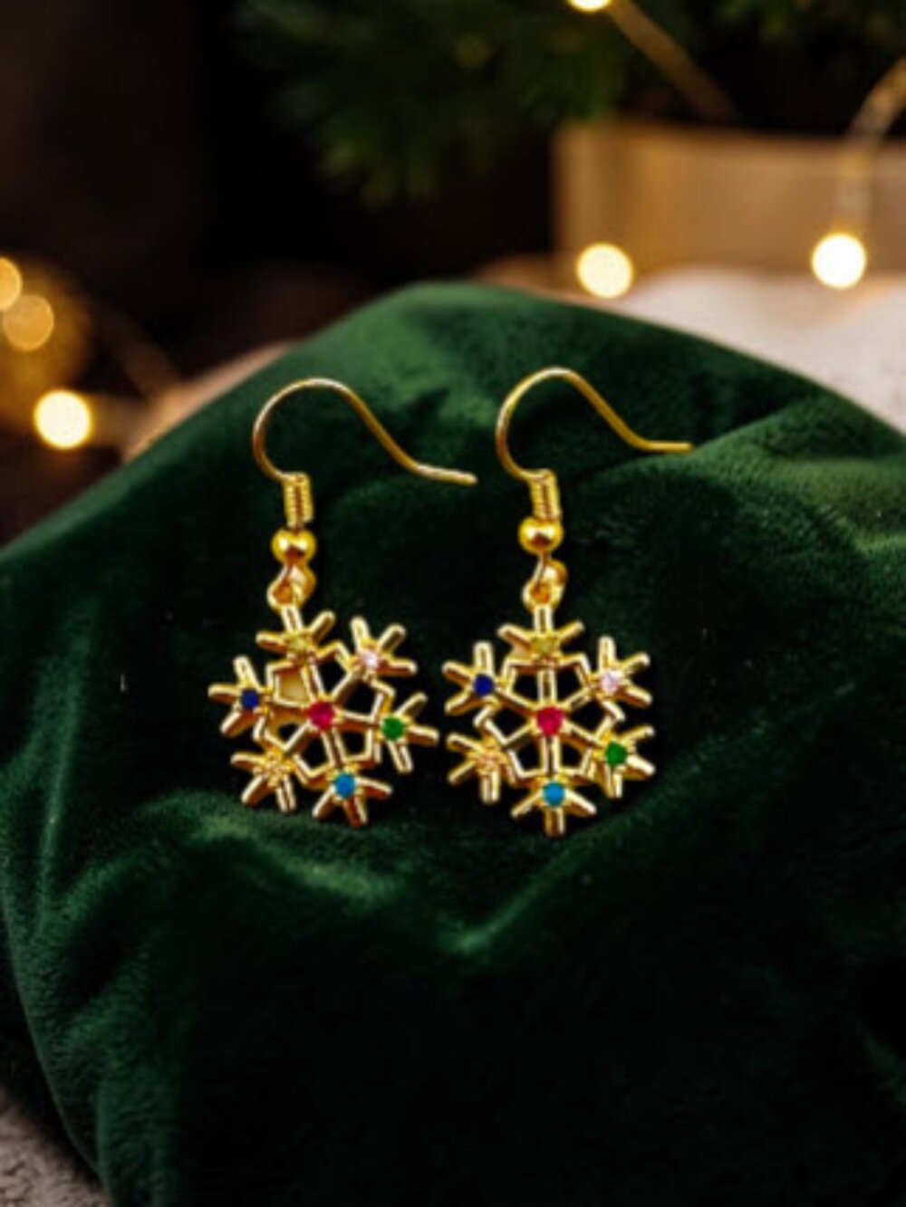 Snowflake Earrings 18K Gold Filled Multicolor CZ Holiday Dangle Handmade